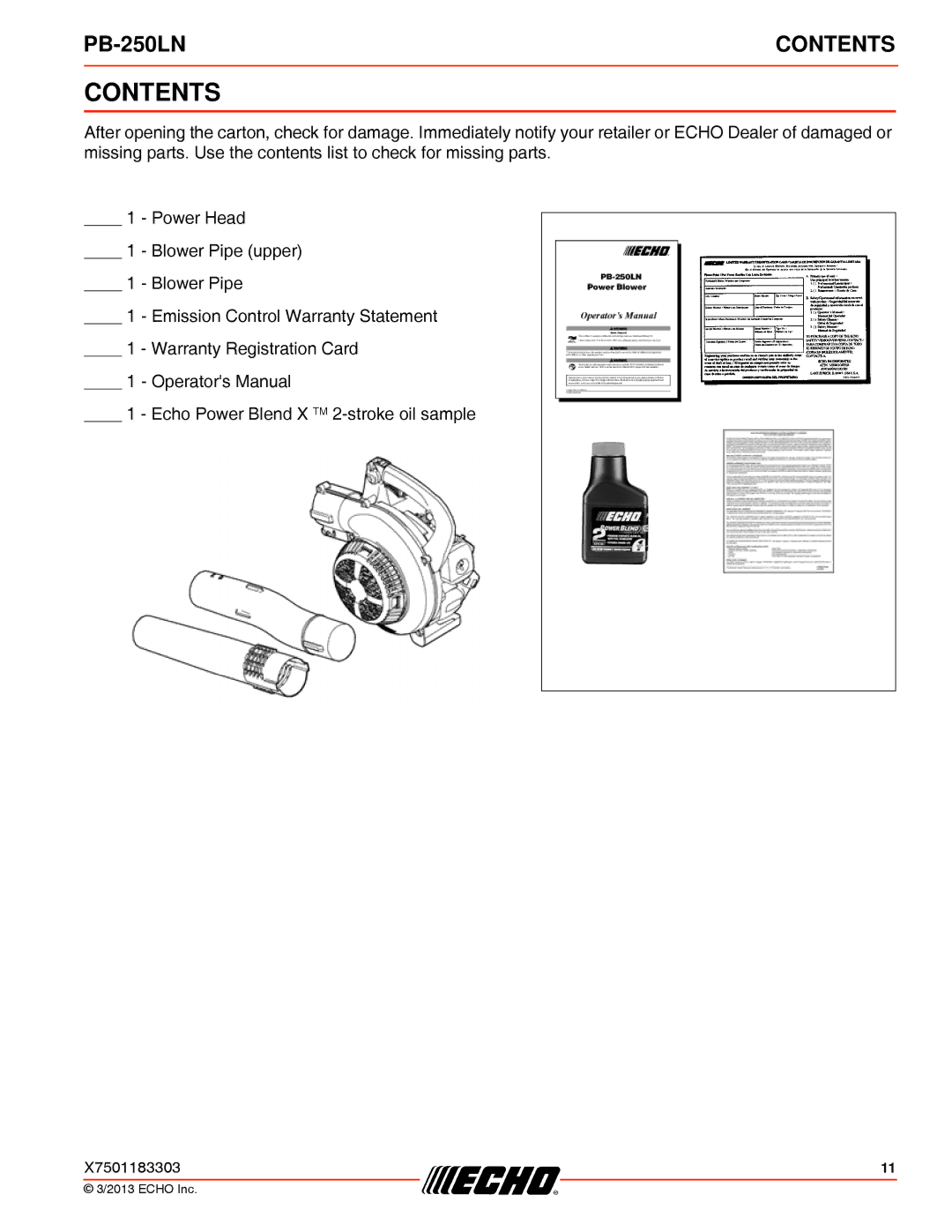 Echo PB-250LN specifications Contents 