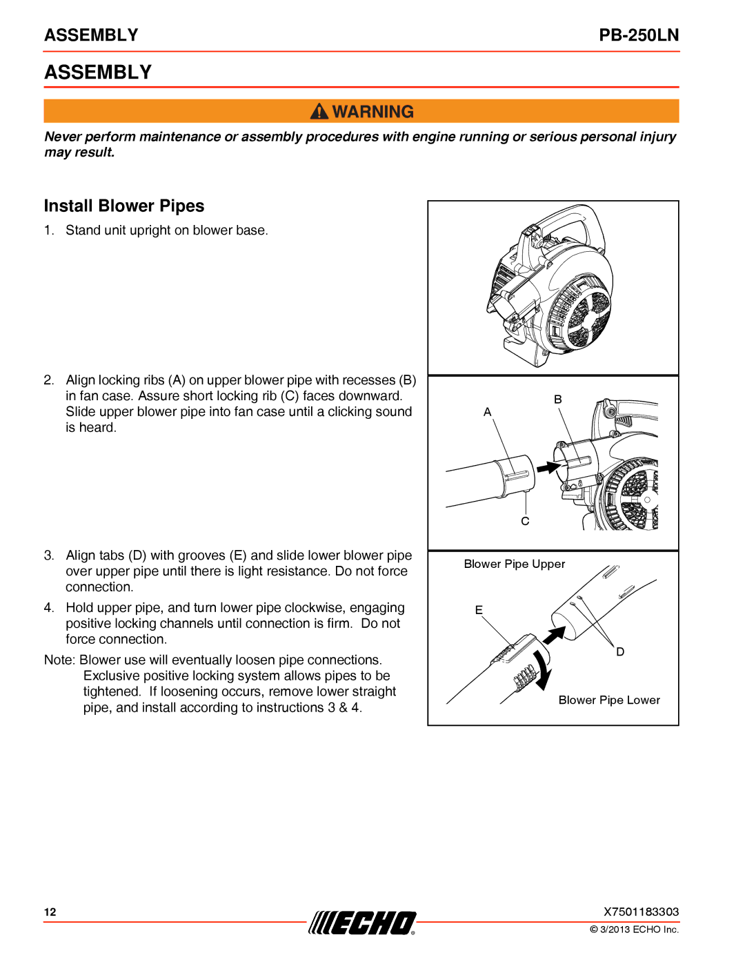 Echo PB-250LN specifications Assembly, Install Blower Pipes 