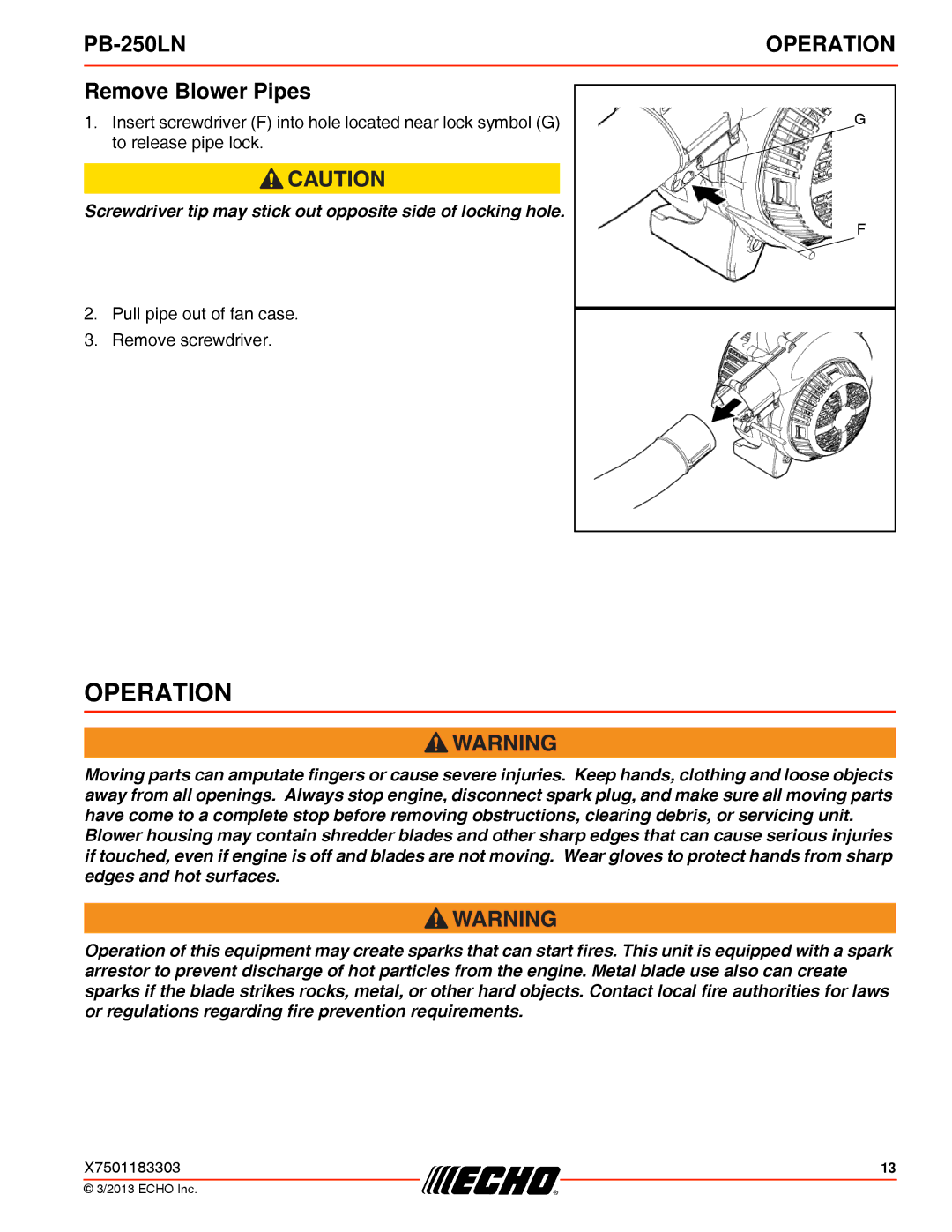 Echo PB-250LN specifications Operation, Remove Blower Pipes 