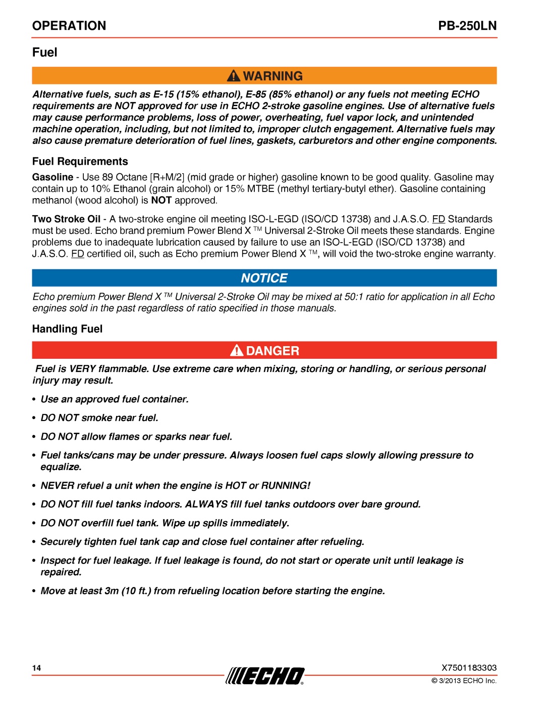 Echo PB-250LN specifications Fuel Requirements, Handling Fuel 