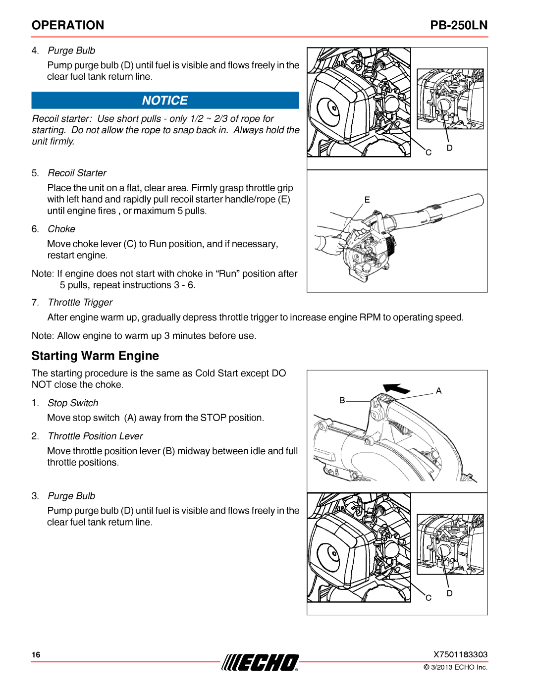 Echo PB-250LN specifications Starting Warm Engine, Purge Bulb 