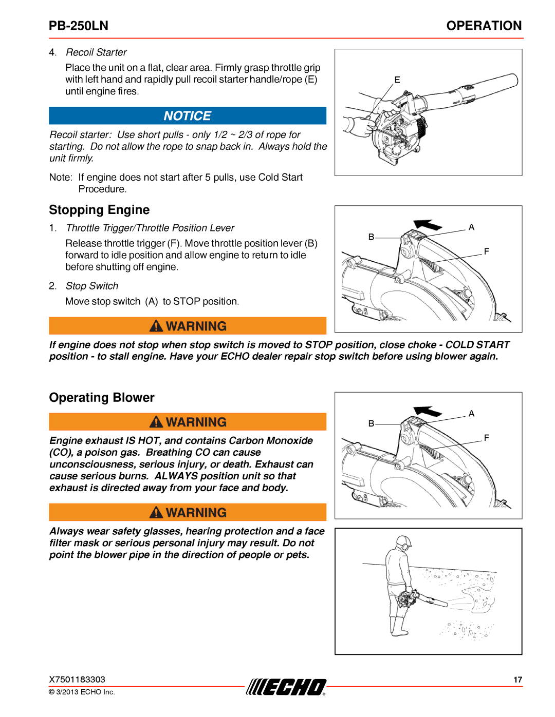 Echo PB-250LN specifications Stopping Engine, Operating Blower 