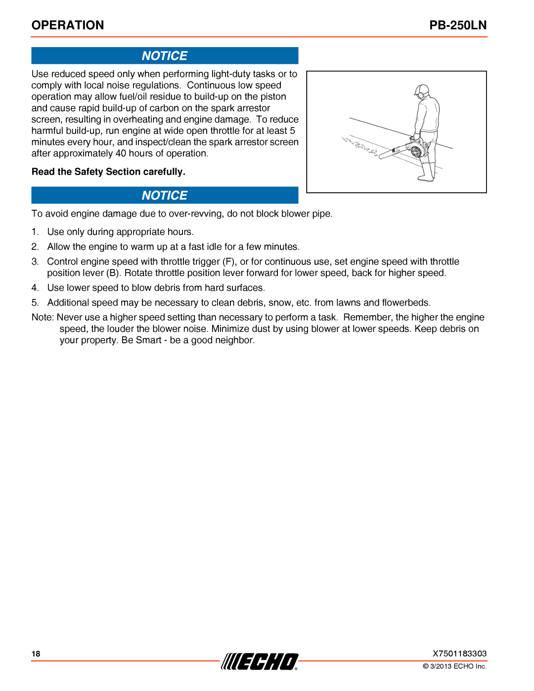 Echo PB-250LN specifications Read the Safety Section carefully 