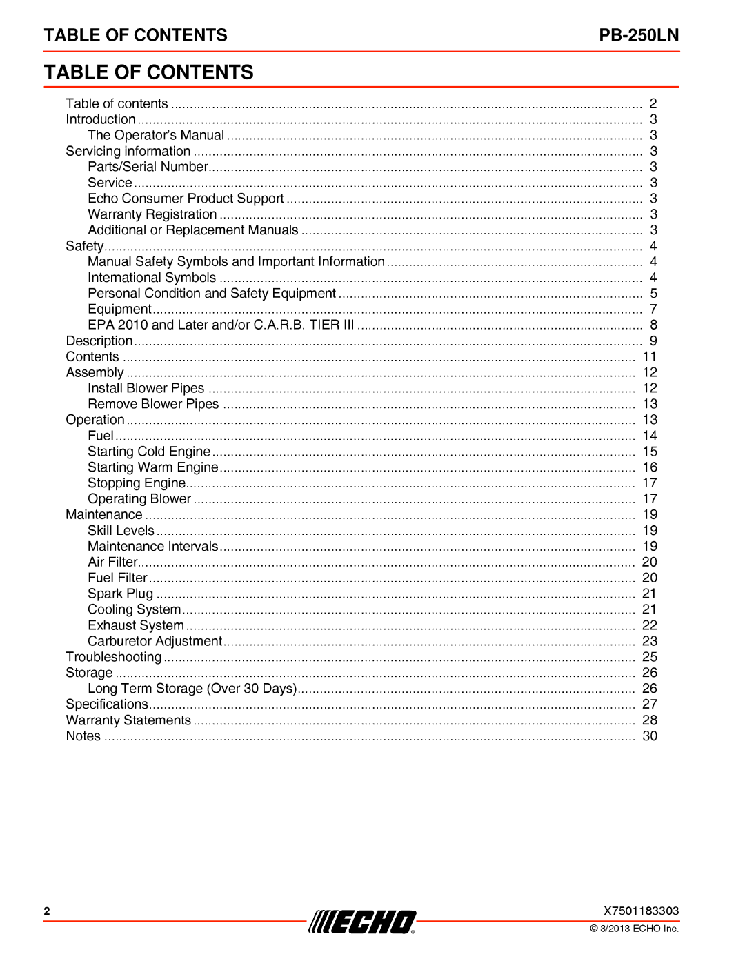 Echo PB-250LN specifications Table of Contents 