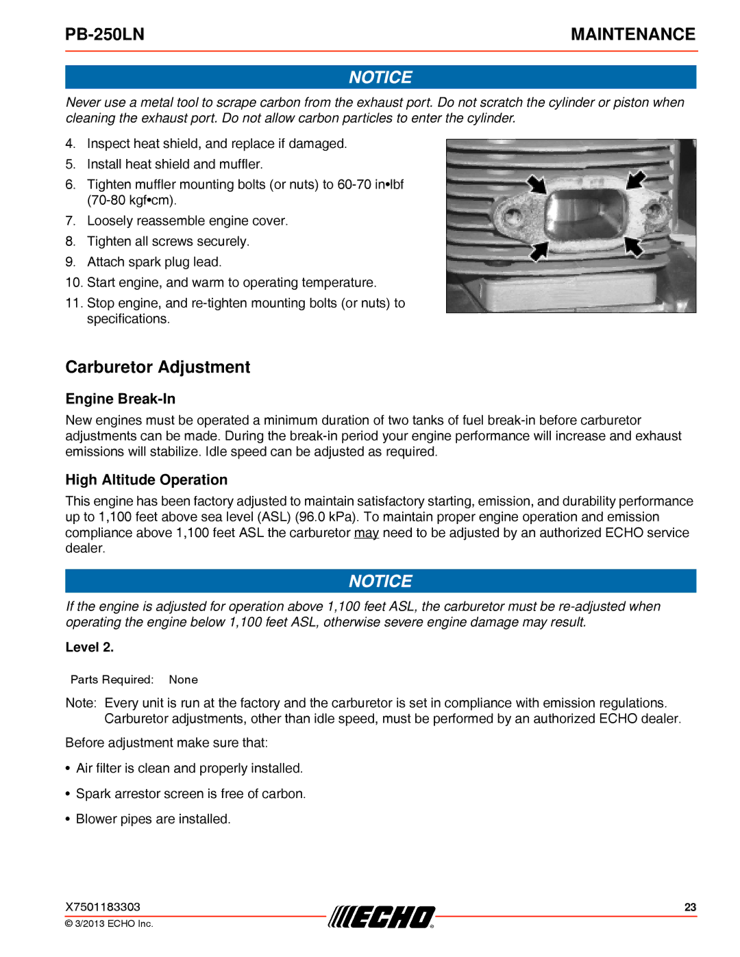 Echo PB-250LN specifications Carburetor Adjustment, Engine Break-In, High Altitude Operation 