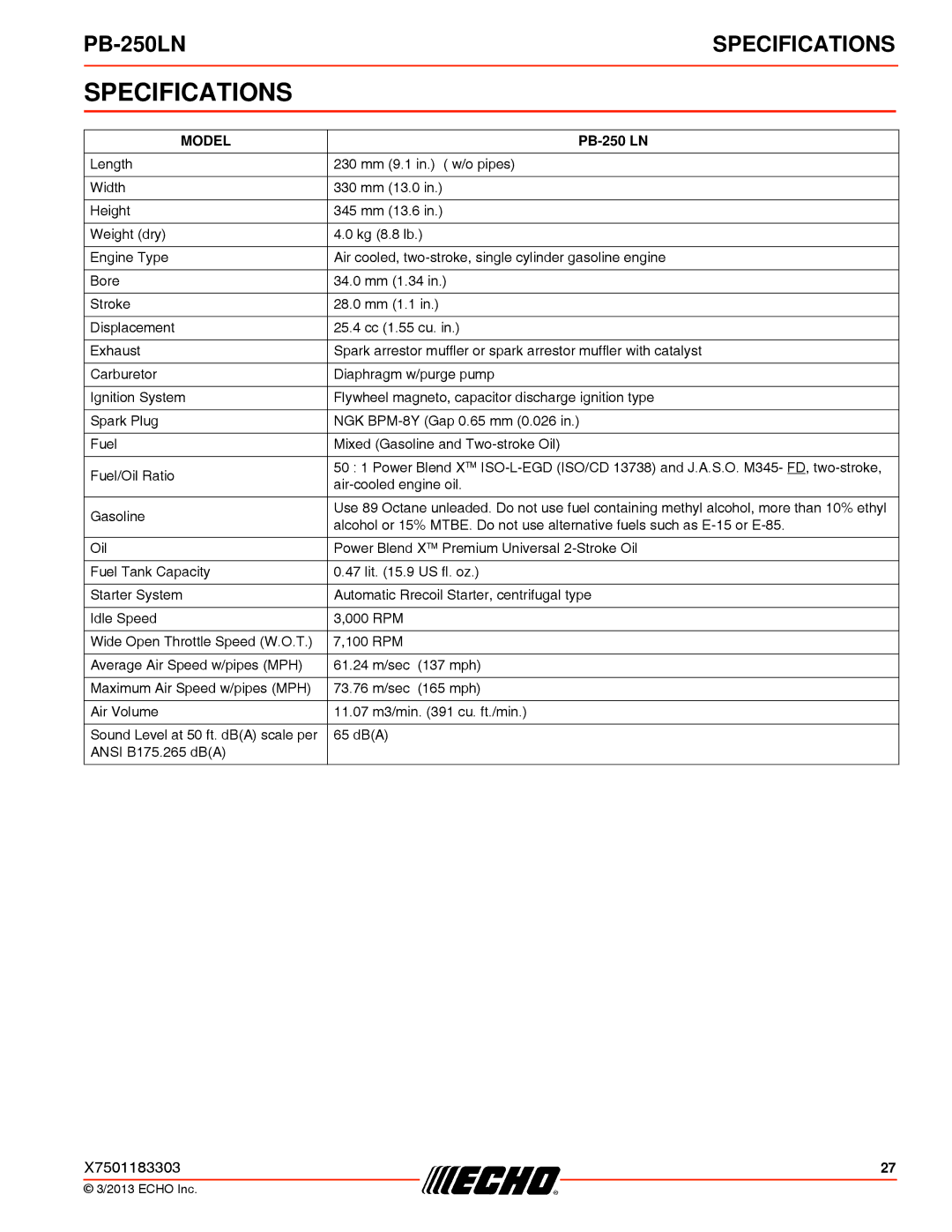 Echo PB-250LN specifications Specifications, Model 