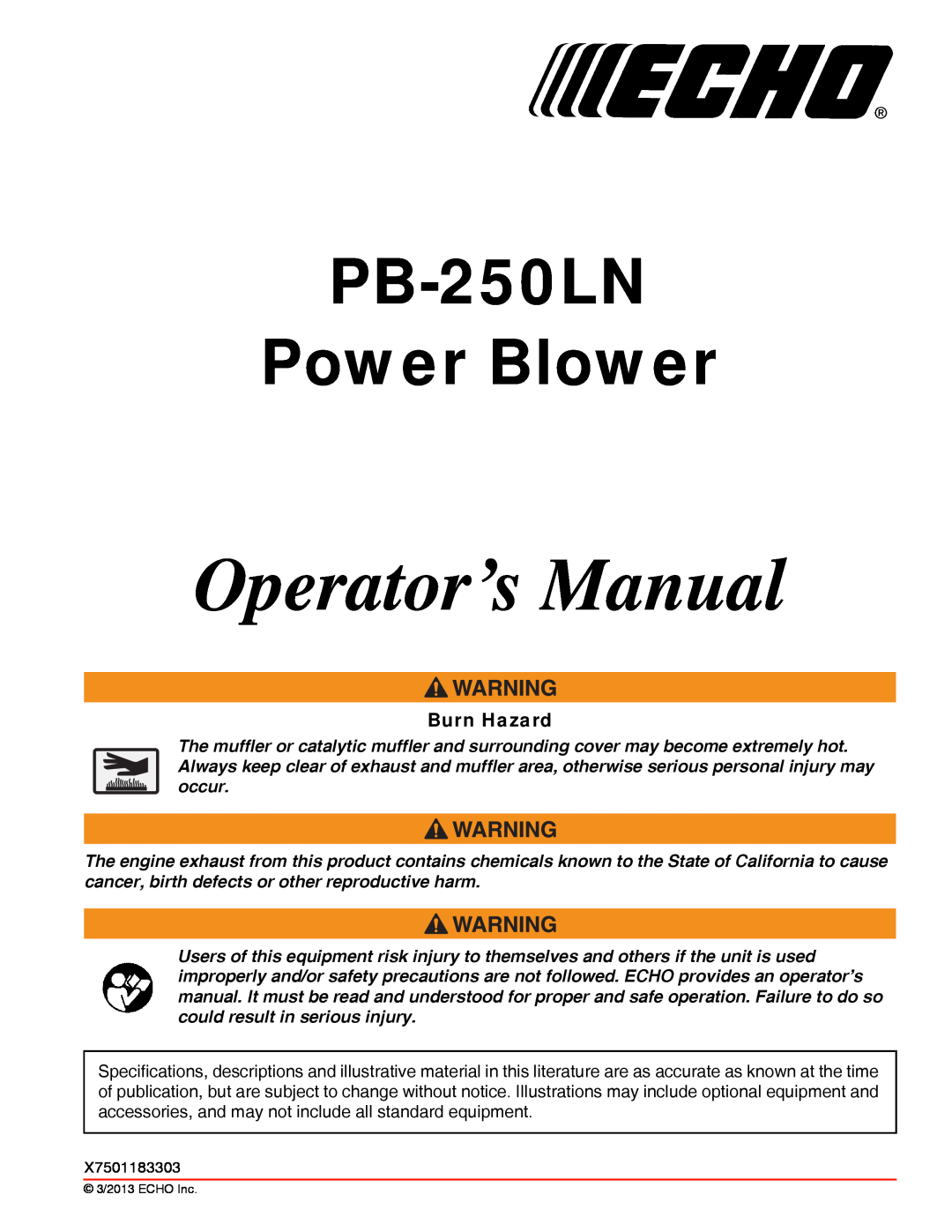 Echo specifications Burn Hazard, Operator’s Manual, PB-250LN Power Blower 