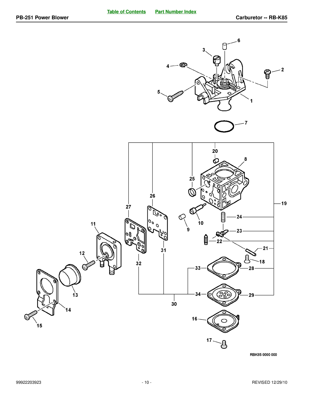 Echo manual PB-251 Power Blower Carburetor -- RB-K85 