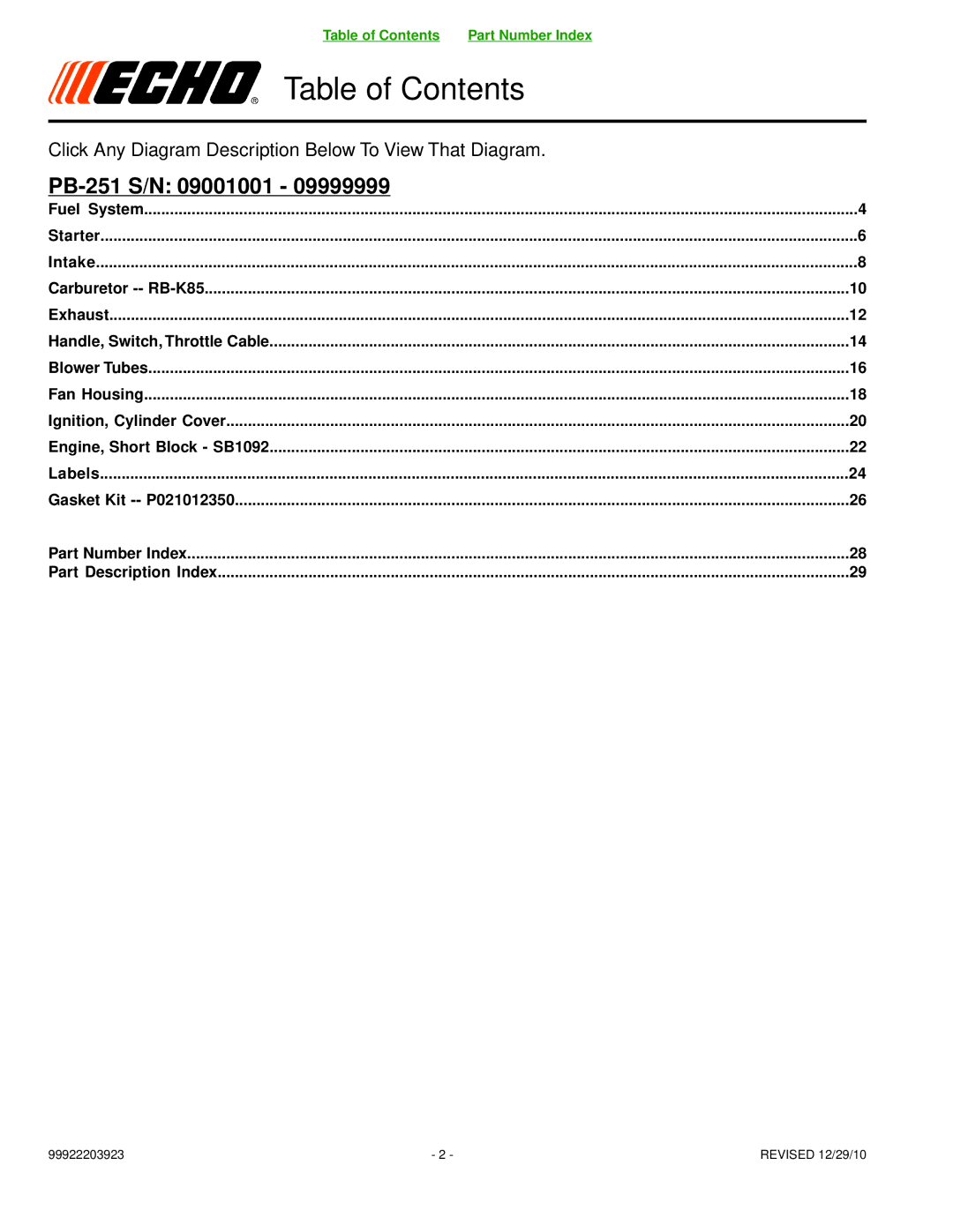 Echo PB-251 manual Table of Contents 