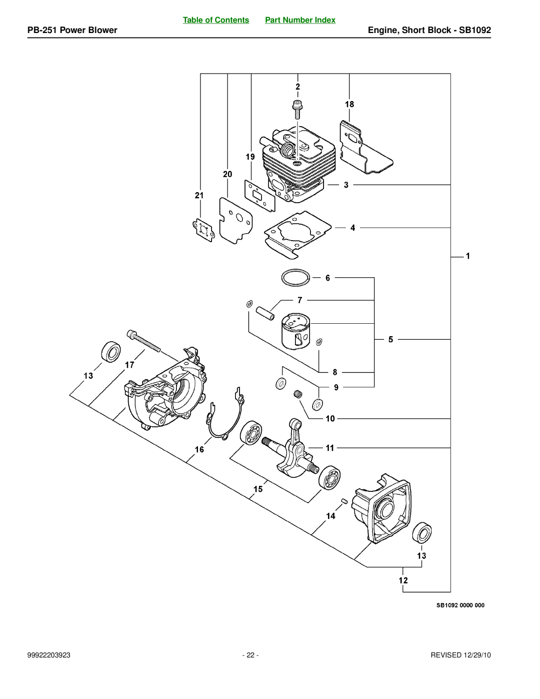 Echo manual PB-251 Power Blower Engine, Short Block SB1092 