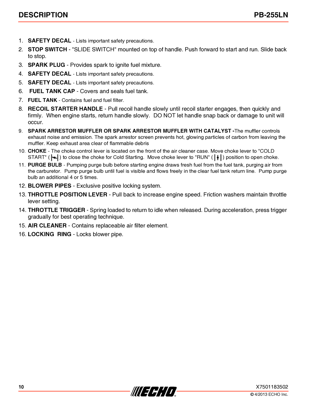 Echo PB-255LN specifications Description 