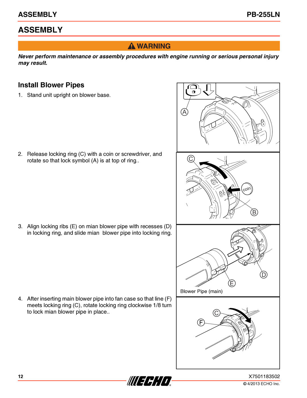 Echo PB-255LN specifications Assembly, Install Blower Pipes 