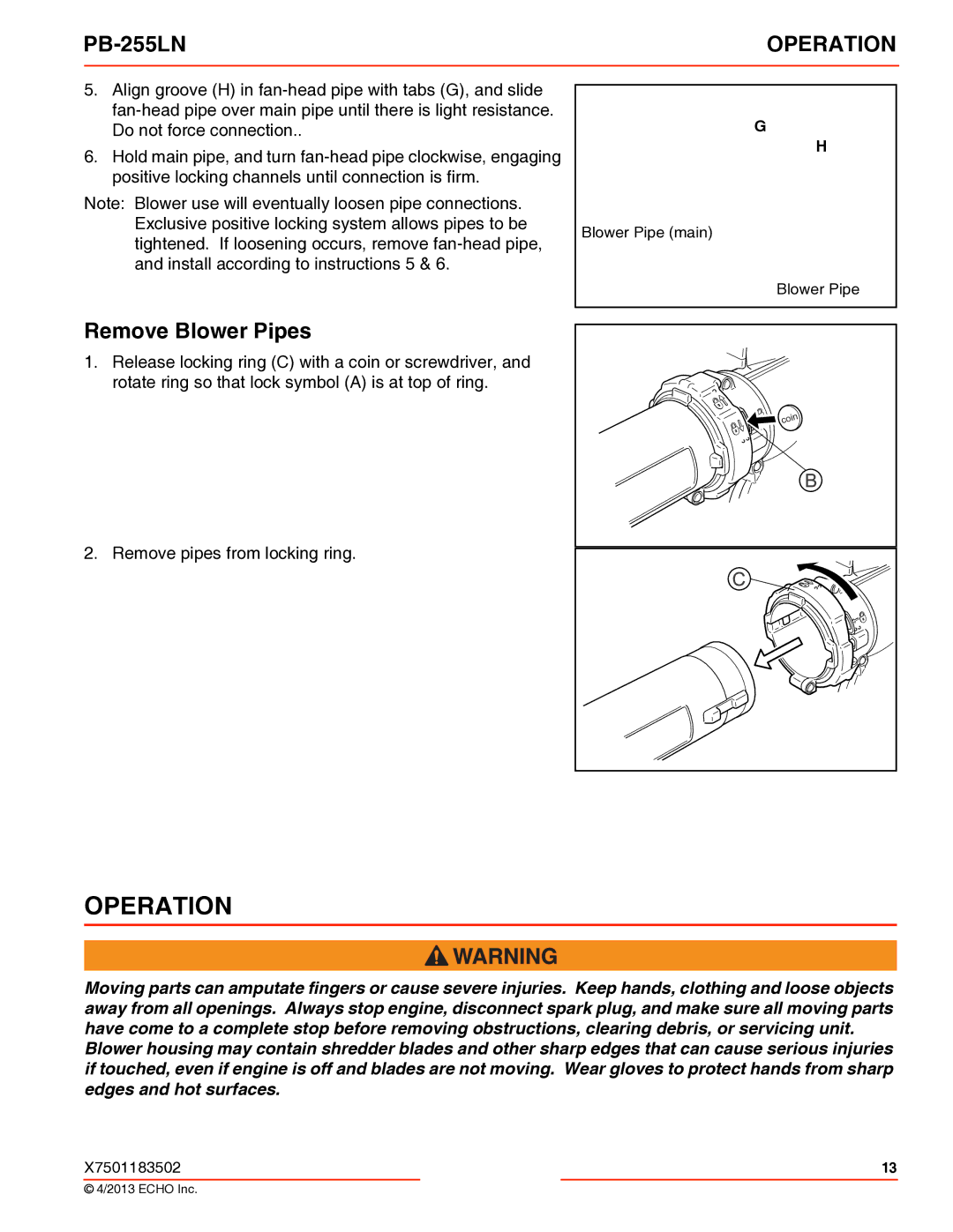 Echo PB-255LN specifications Operation, Remove Blower Pipes 