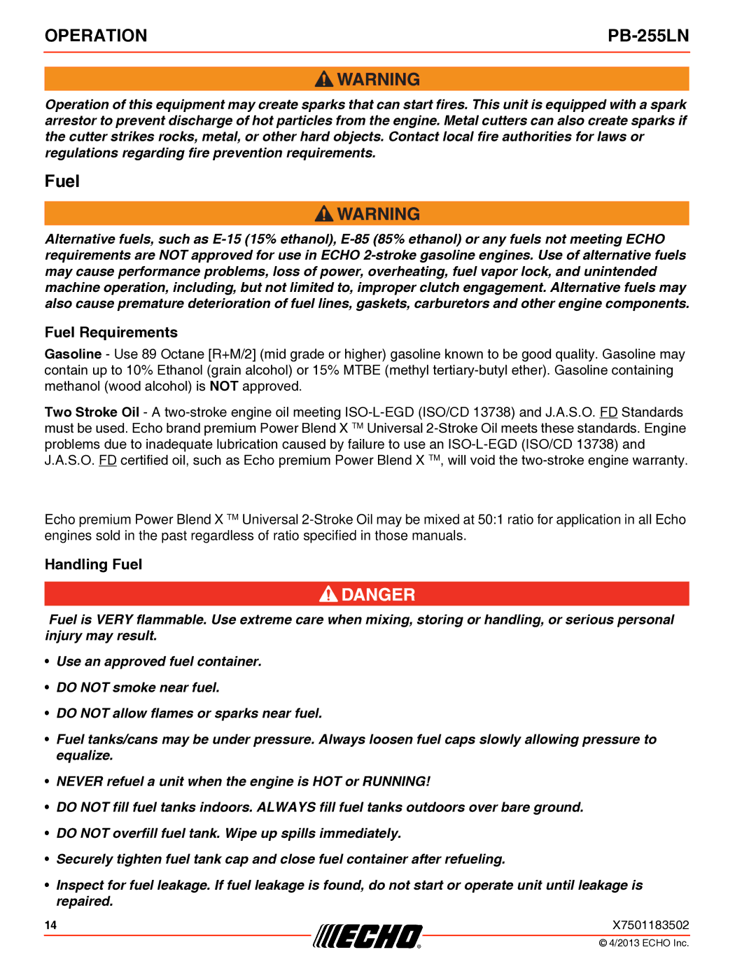 Echo PB-255LN specifications Fuel Requirements, Handling Fuel 