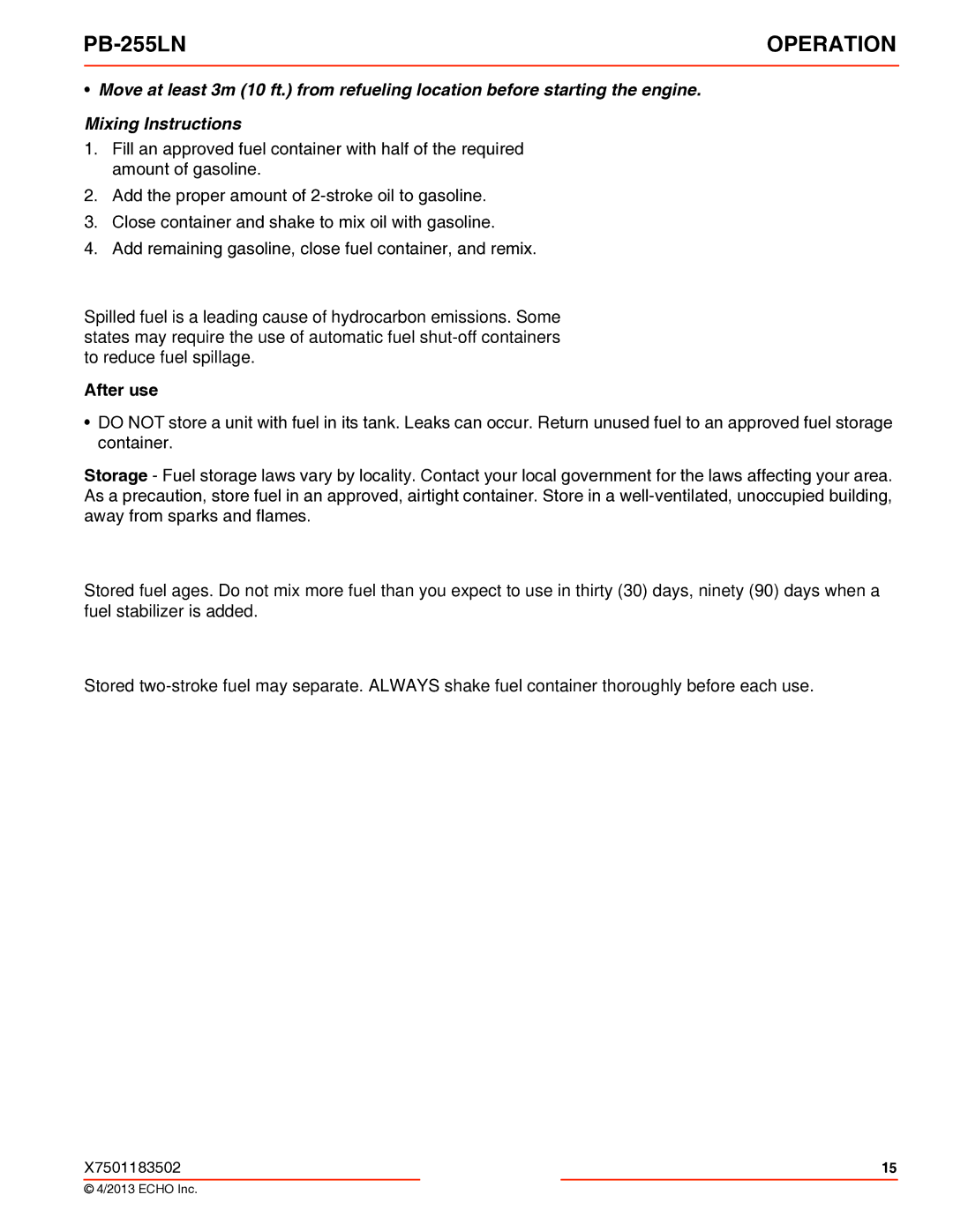 Echo PB-255LN specifications After use 