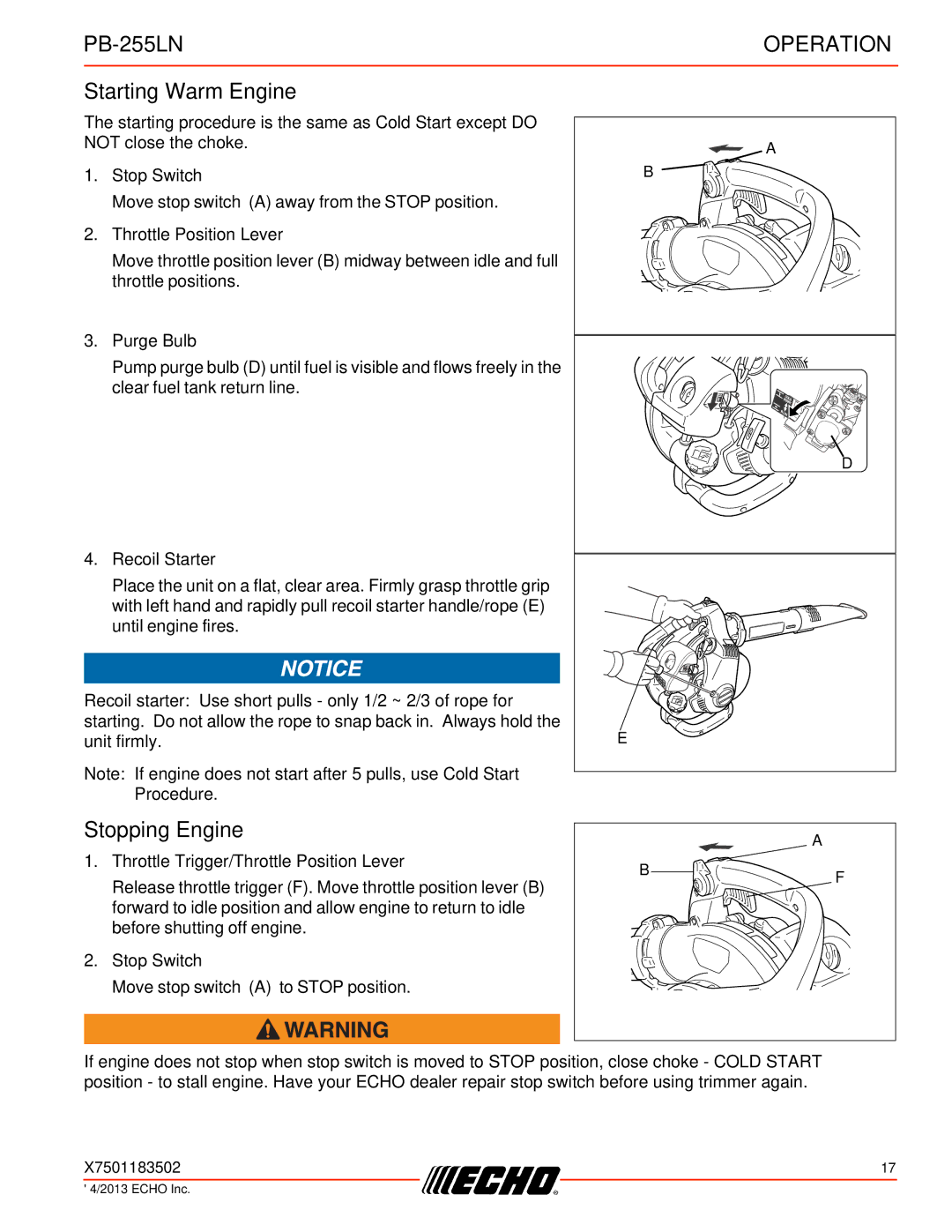 Echo PB-255LN specifications Starting Warm Engine, Stopping Engine 