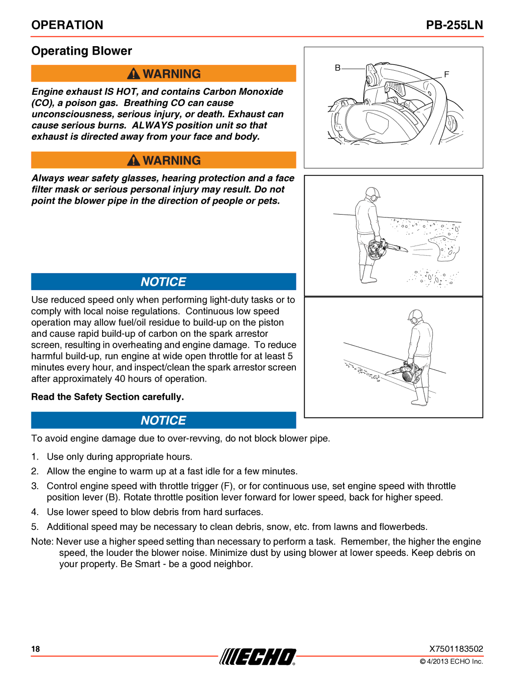 Echo PB-255LN specifications Operating Blower, Read the Safety Section carefully 