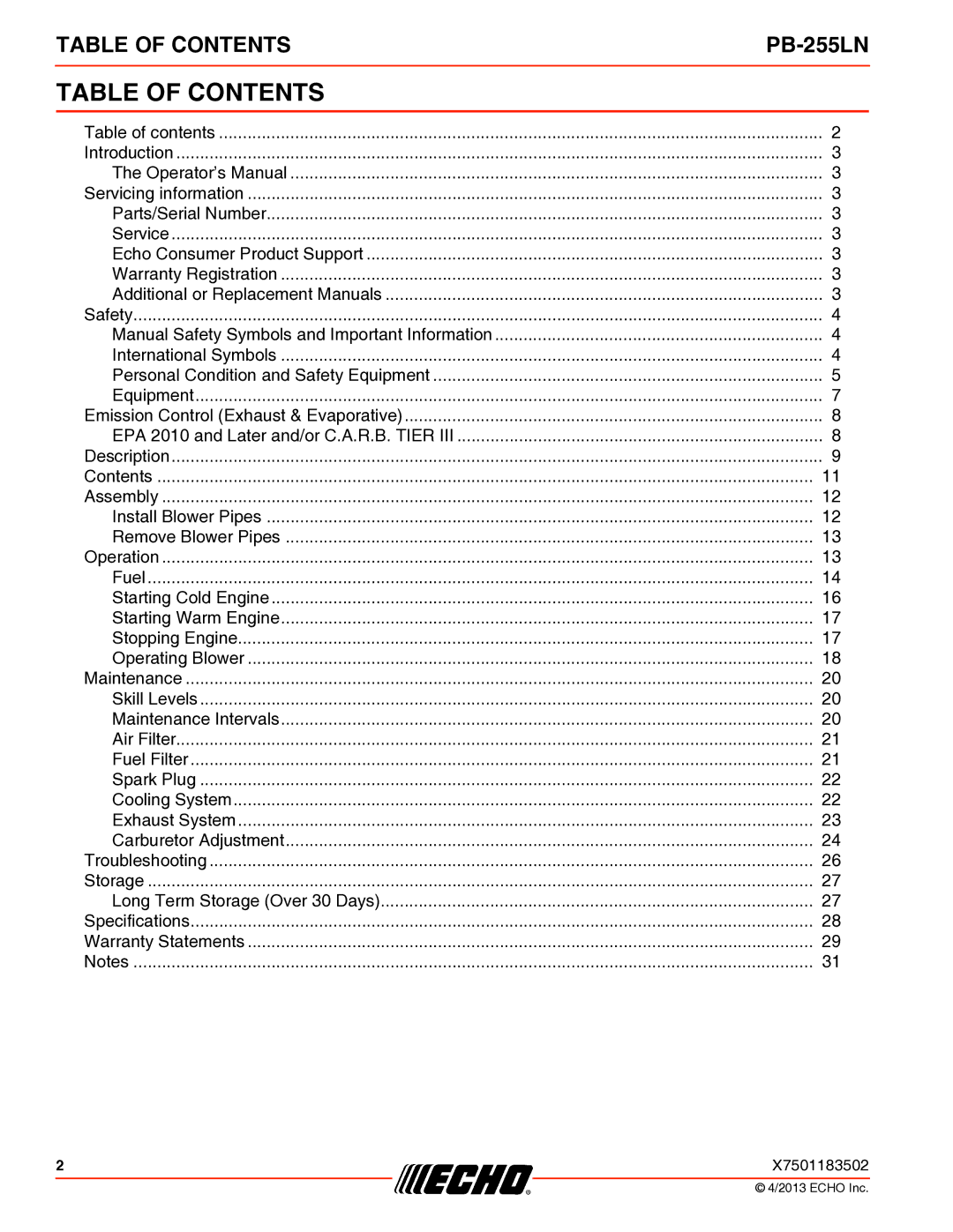 Echo PB-255LN specifications Table of Contents 