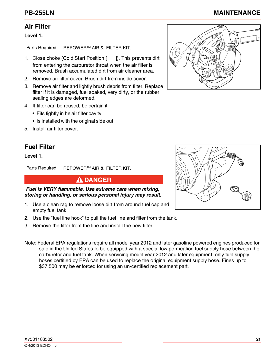 Echo PB-255LN specifications Air Filter, Fuel Filter 