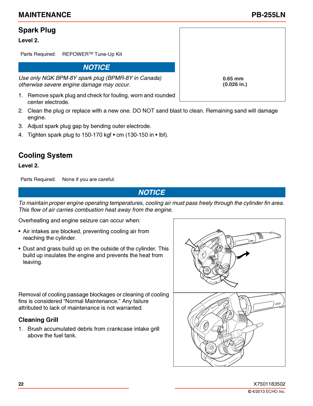 Echo PB-255LN specifications Spark Plug, Cooling System, Cleaning Grill 