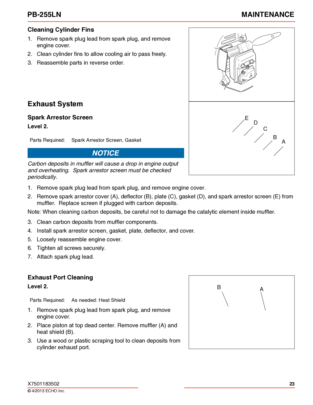 Echo PB-255LN specifications Exhaust System, Cleaning Cylinder Fins, Spark Arrestor Screen, Exhaust Port Cleaning 