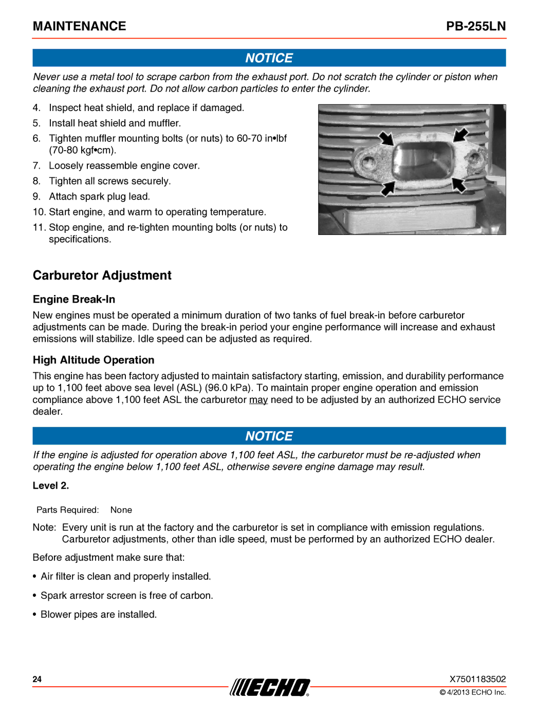 Echo PB-255LN specifications Carburetor Adjustment, Engine Break-In, High Altitude Operation 