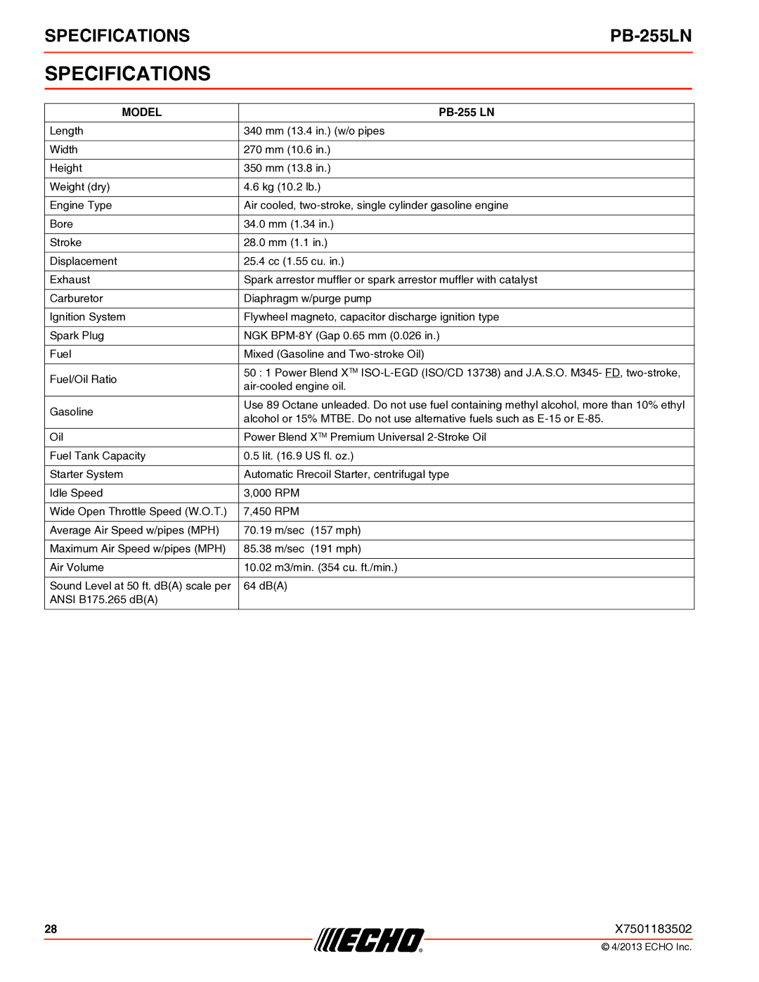 Echo PB-255LN specifications Specifications, Model 