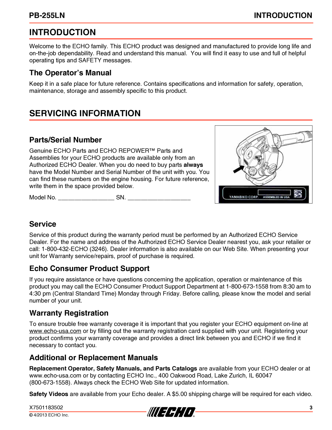 Echo PB-255LN specifications Introduction, Servicing Information 