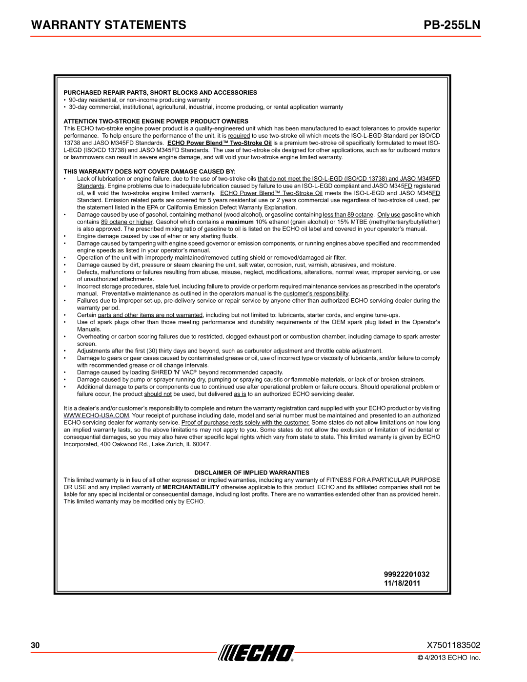 Echo PB-255LN specifications Warranty Statements 