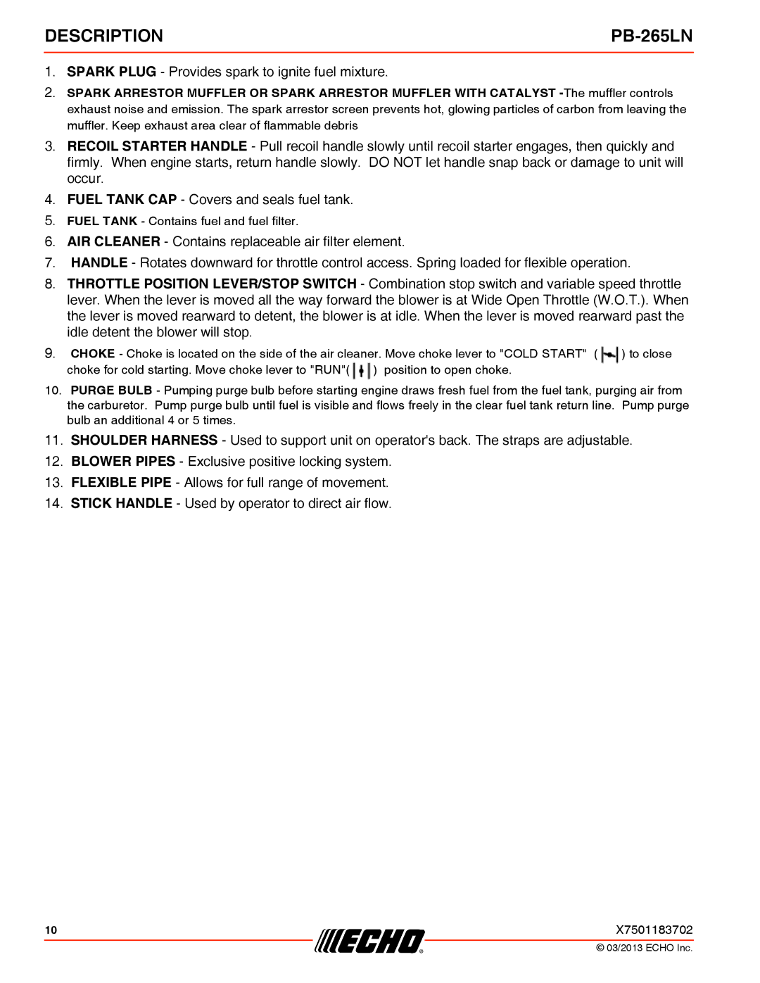 Echo PB-265LN specifications Description 