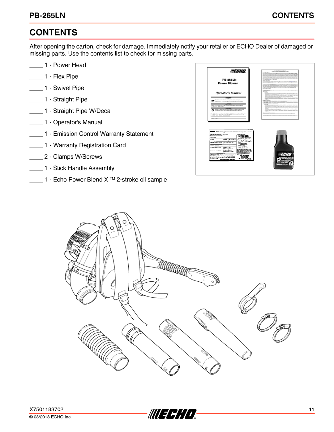 Echo PB-265LN specifications Contents 