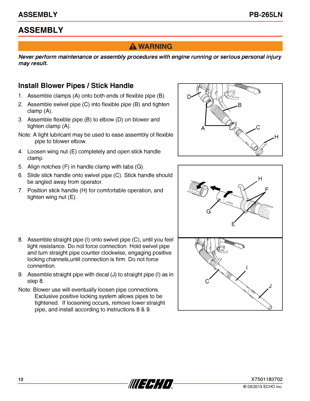 Echo PB-265LN specifications Assembly, Install Blower Pipes / Stick Handle 