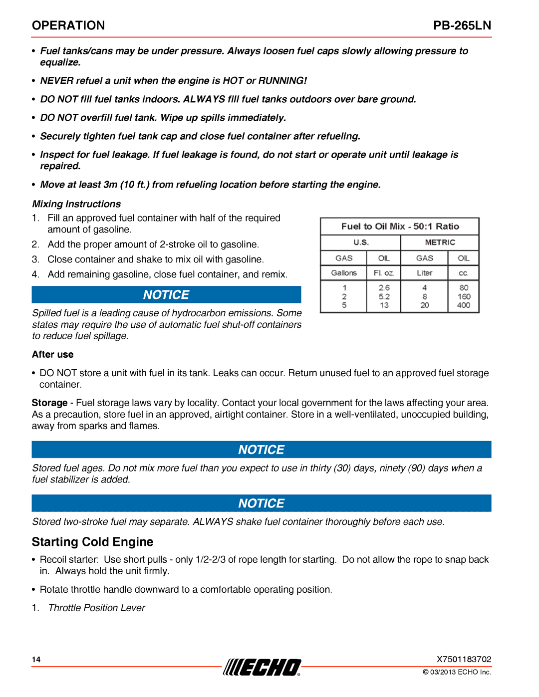 Echo PB-265LN specifications Operation, Starting Cold Engine 