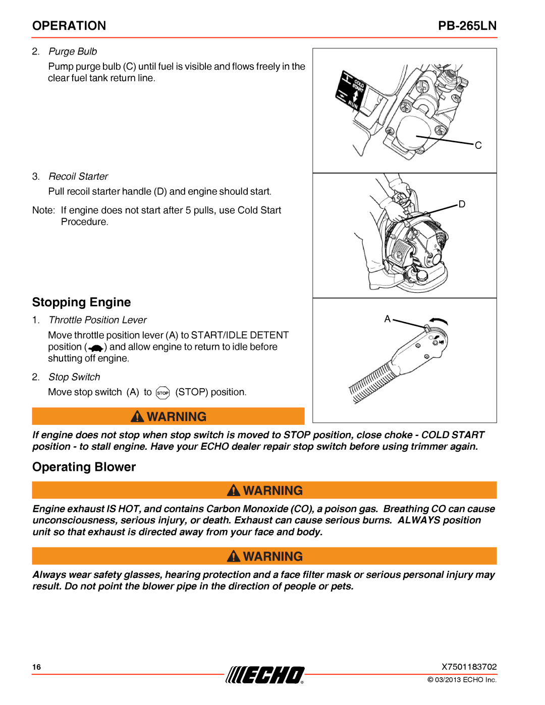 Echo PB-265LN specifications Stopping Engine, Operating Blower 