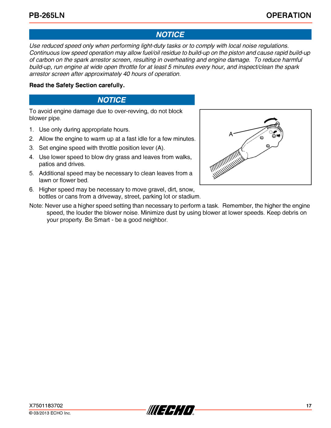 Echo PB-265LN specifications Read the Safety Section carefully 