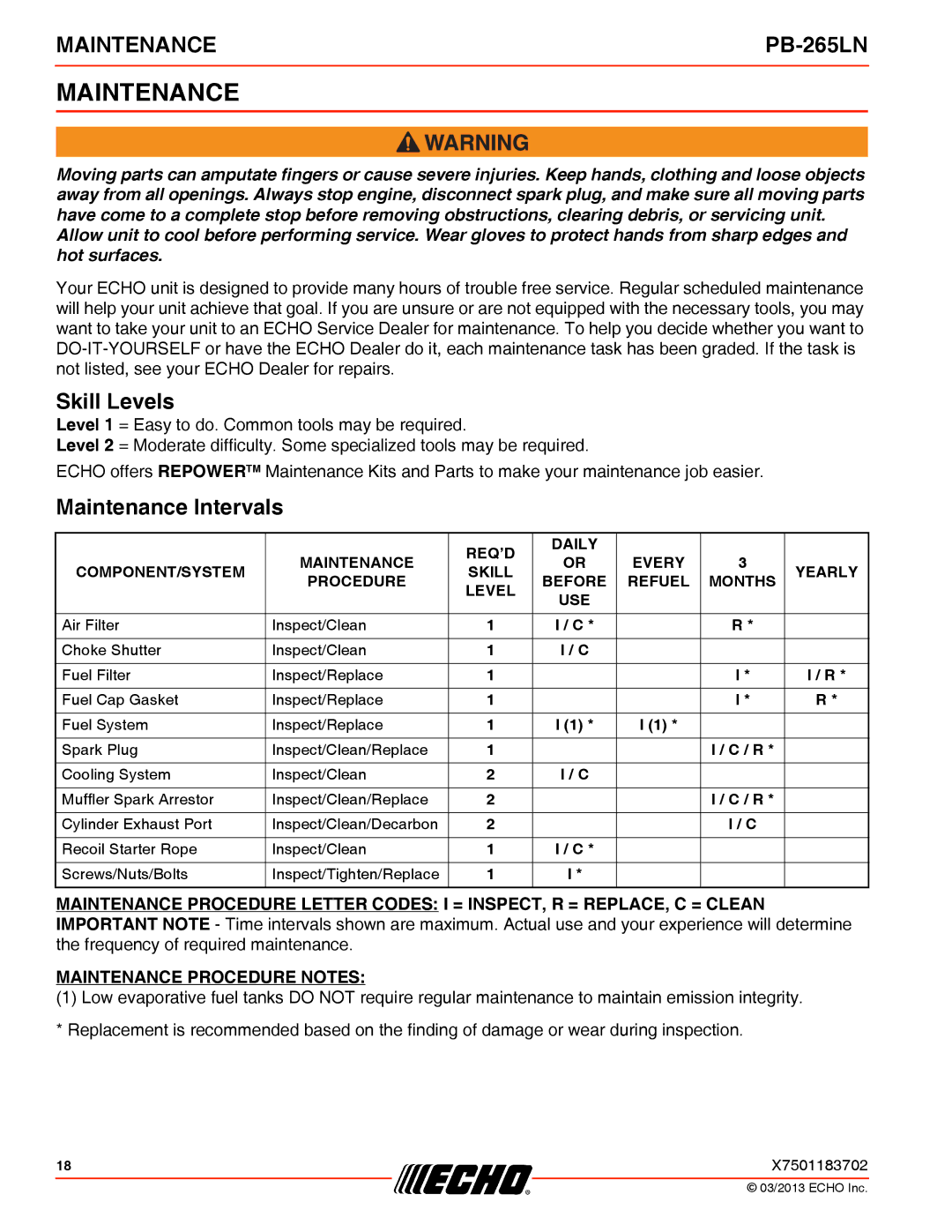 Echo PB-265LN specifications Skill Levels, Maintenance Intervals 