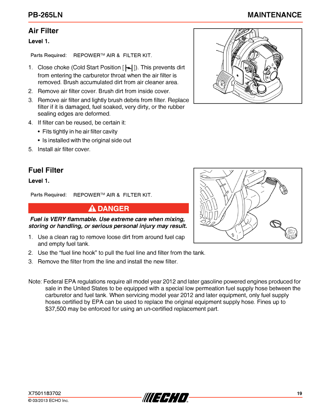 Echo PB-265LN specifications Air Filter, Fuel Filter 