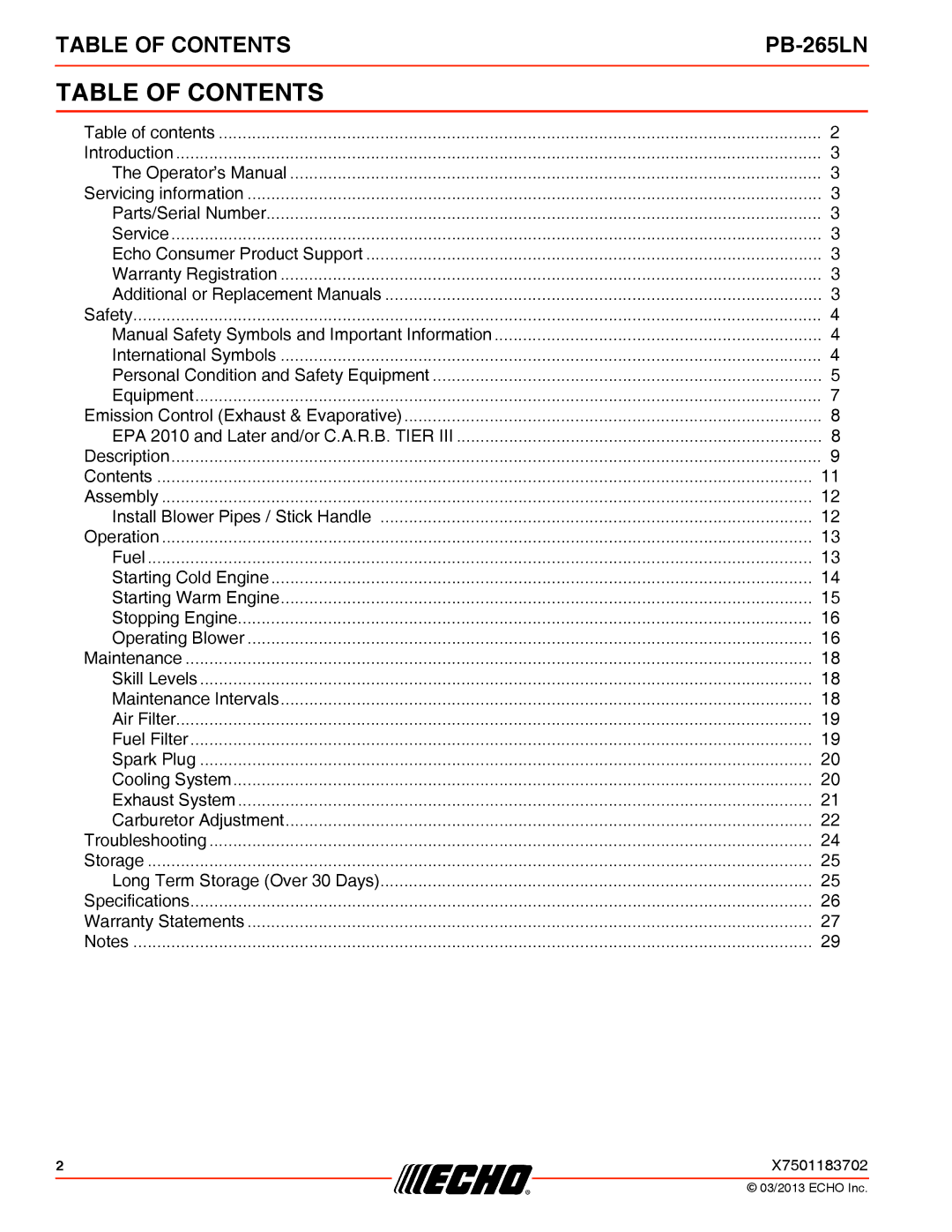 Echo PB-265LN specifications Table of Contents 