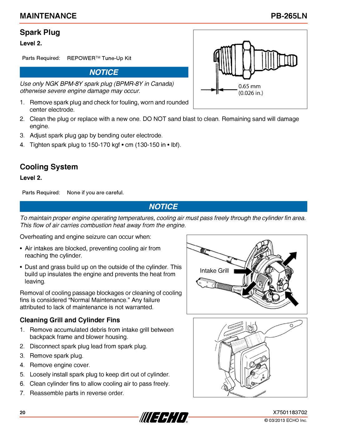 Echo PB-265LN specifications Spark Plug, Cooling System, Cleaning Grill and Cylinder Fins 