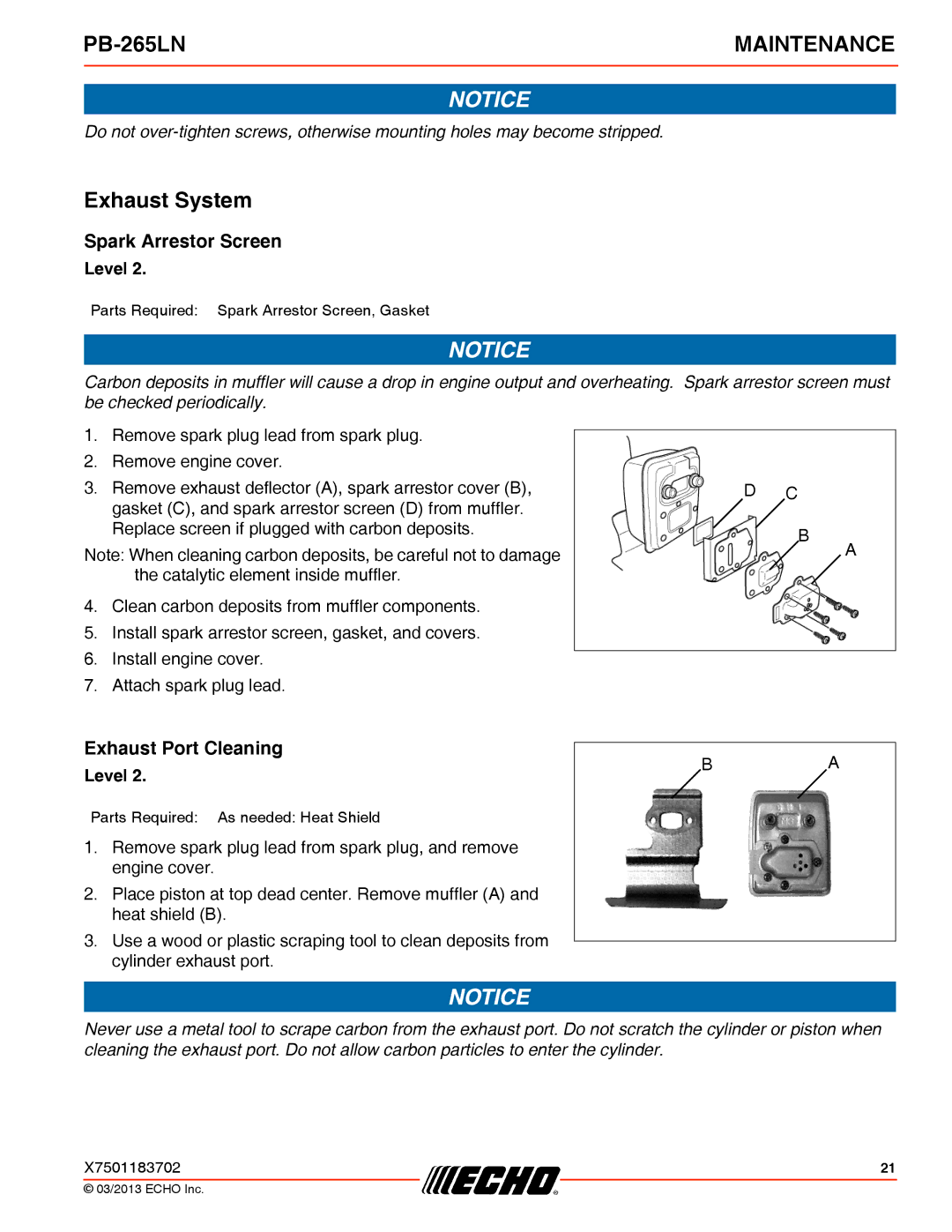 Echo PB-265LN specifications Exhaust System, Spark Arrestor Screen, Exhaust Port Cleaning 