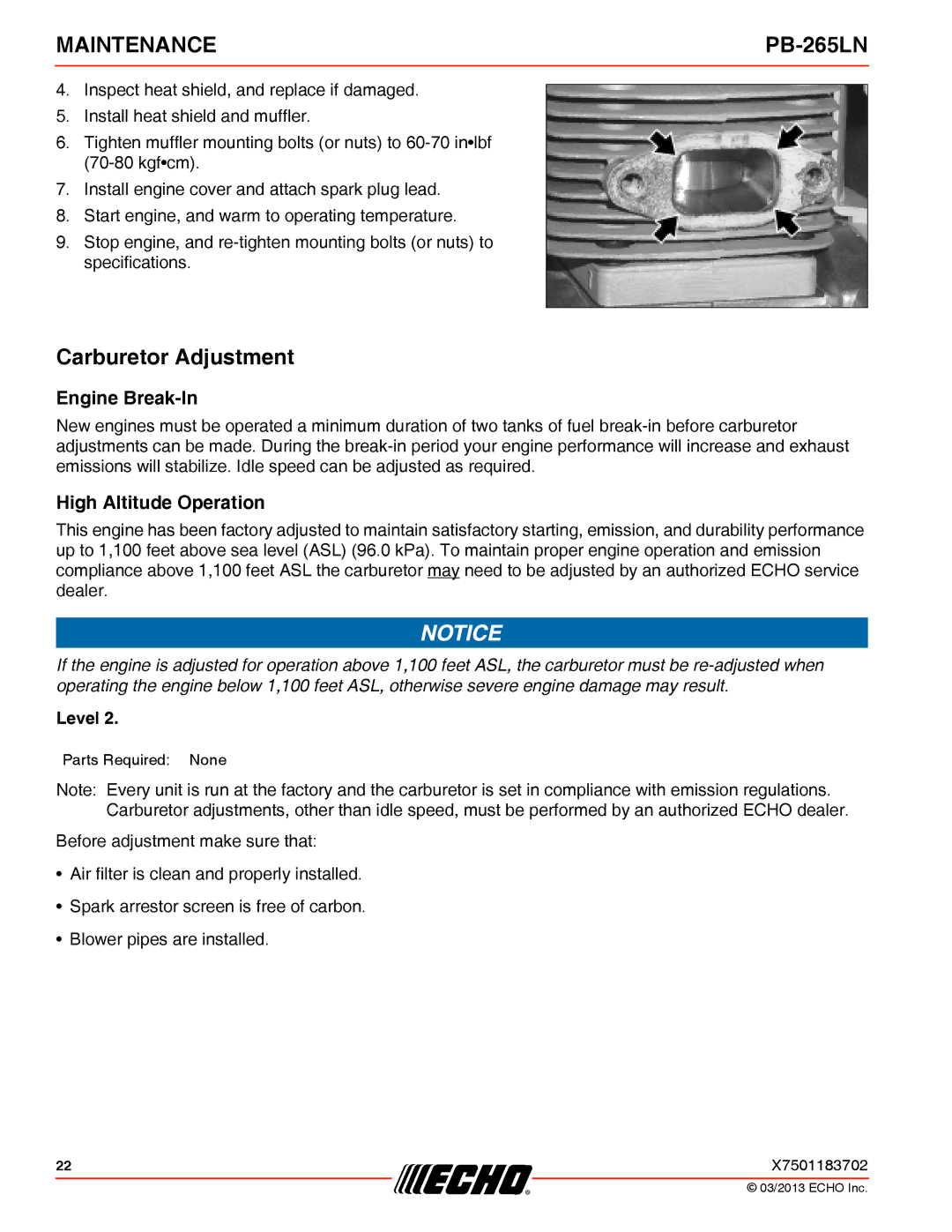 Echo PB-265LN specifications Carburetor Adjustment, Engine Break-In, High Altitude Operation 