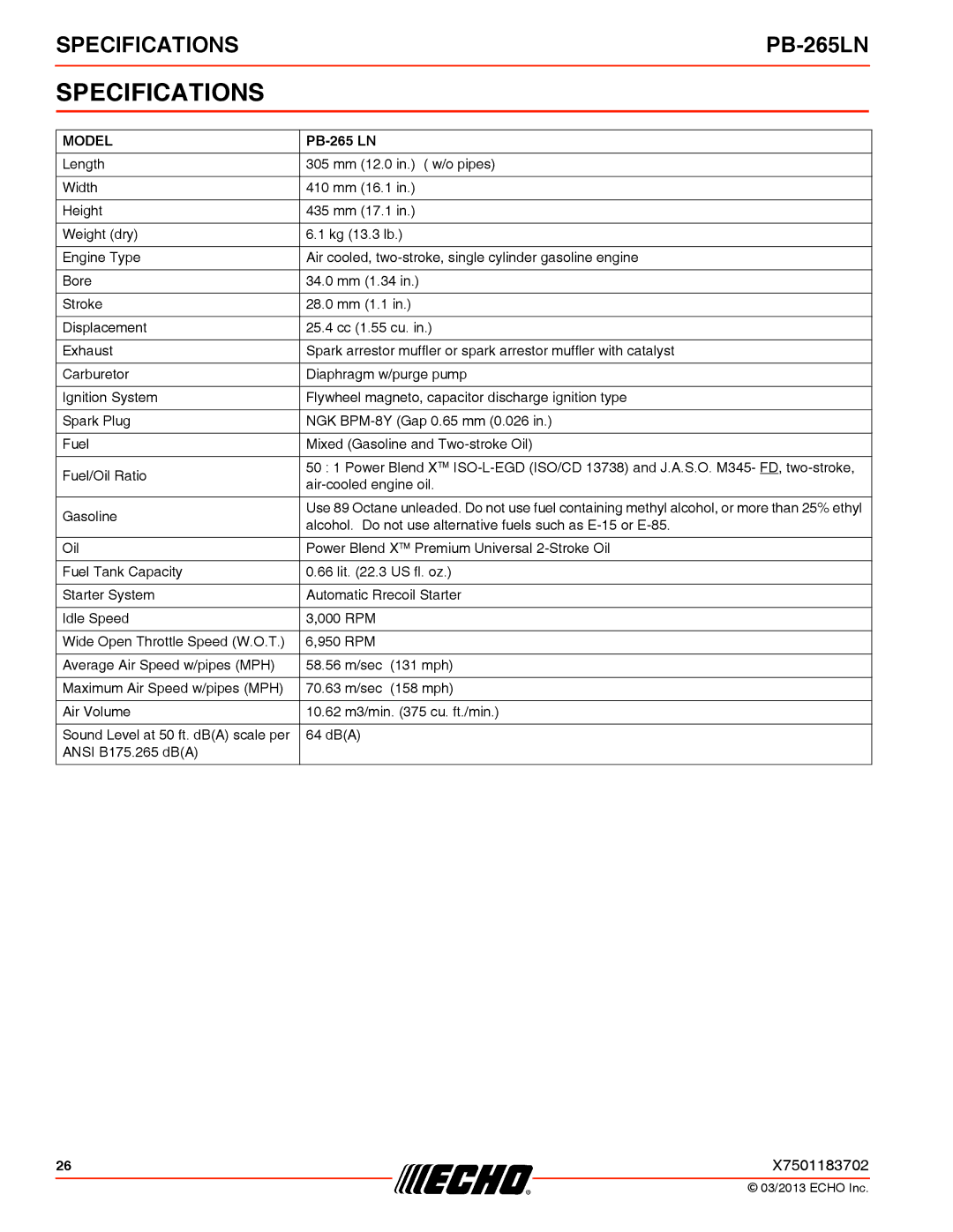 Echo PB-265LN specifications Specifications, Model 