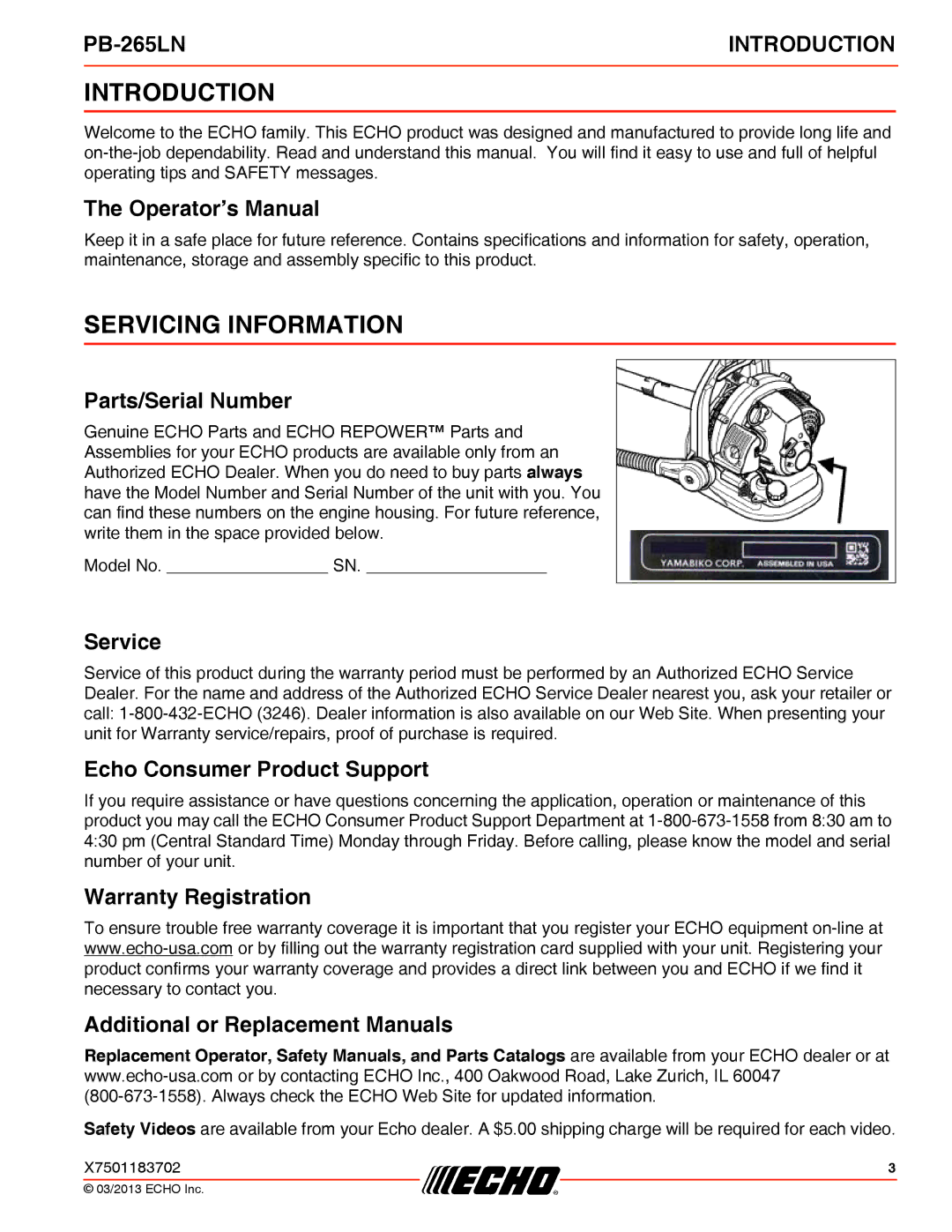 Echo PB-265LN specifications Introduction, Servicing Information 