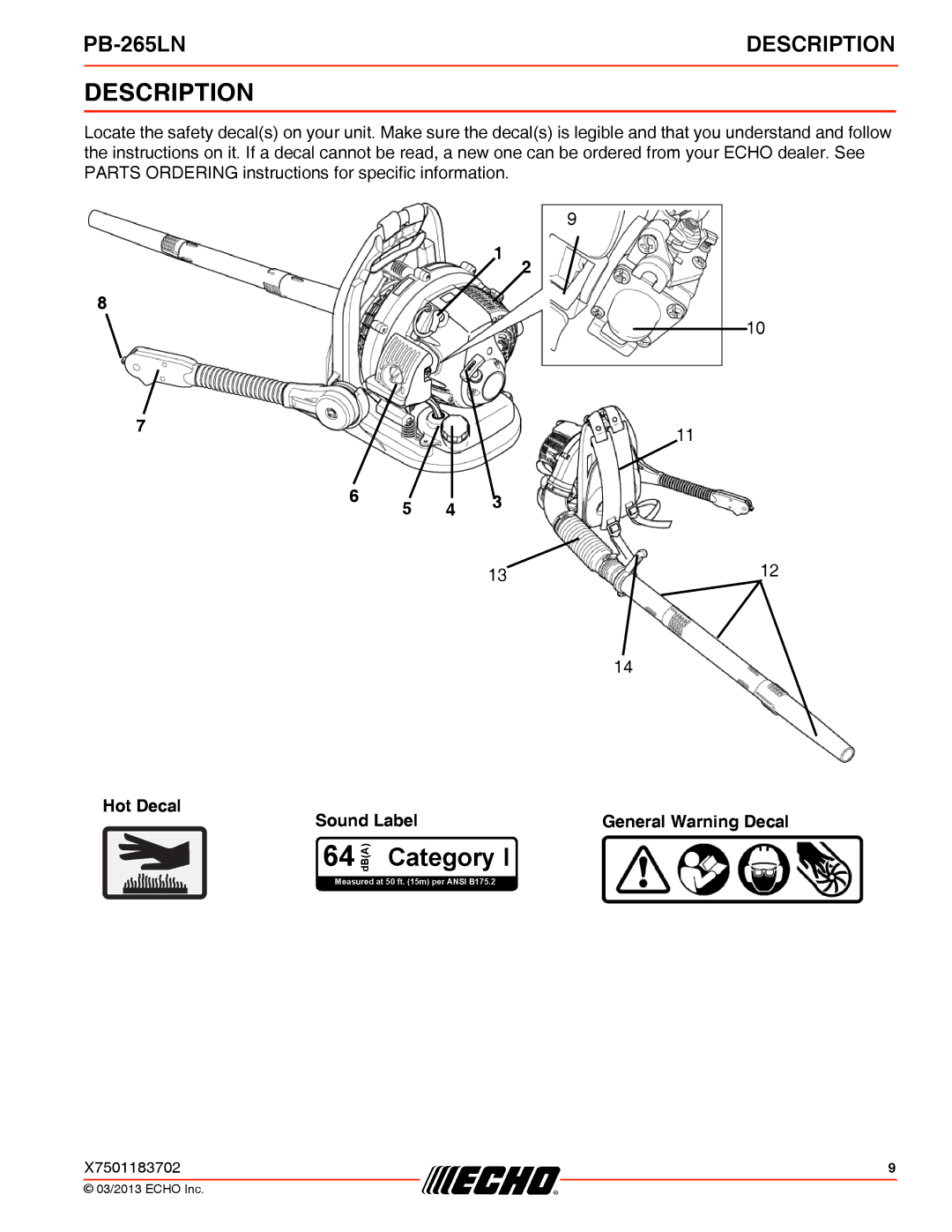 Echo PB-265LN specifications Description 