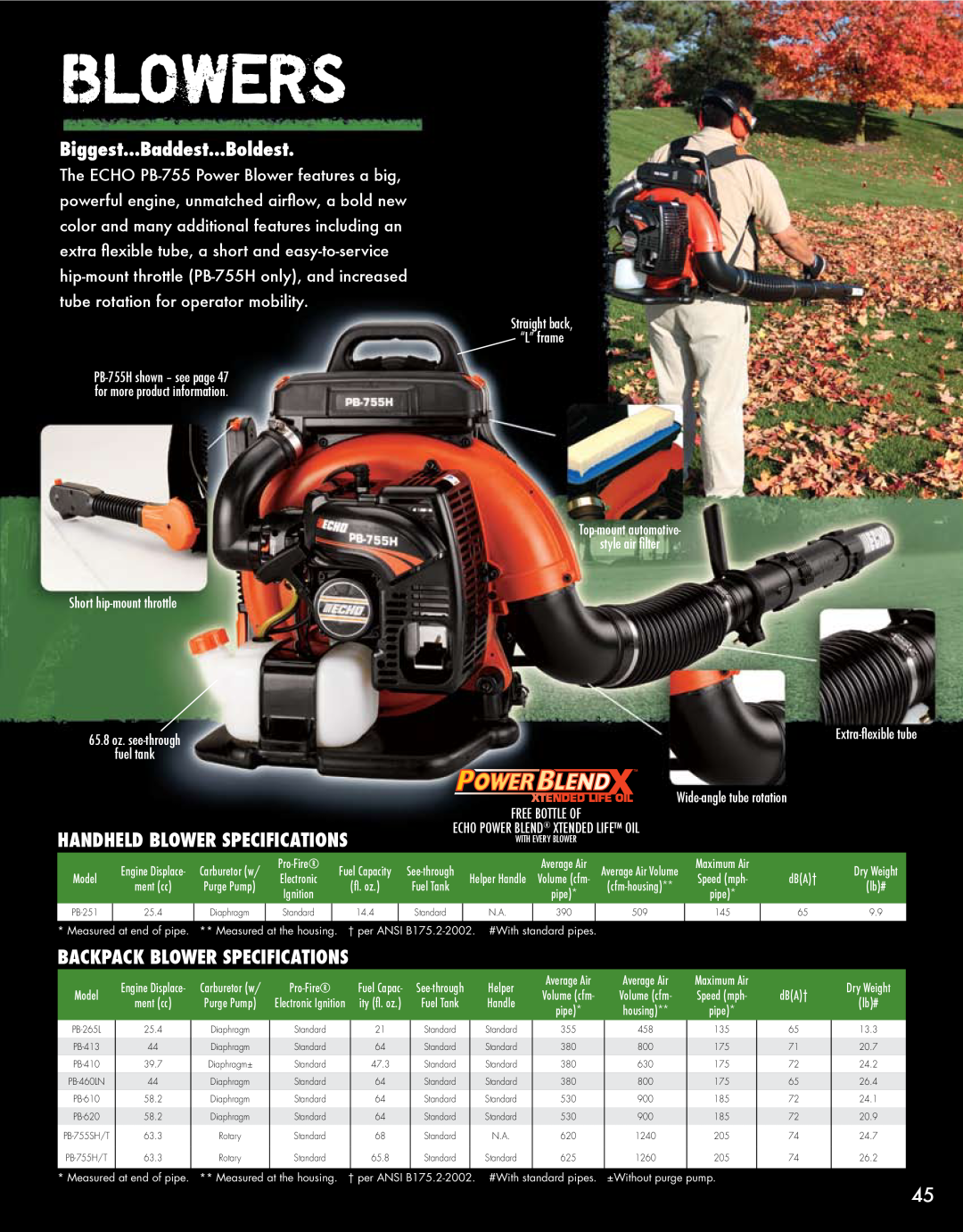 Echo PB-755 manual Blowers, Biggest...Baddest...Boldest, Backpack Blower Specifications, Handheld Blower Specifications 