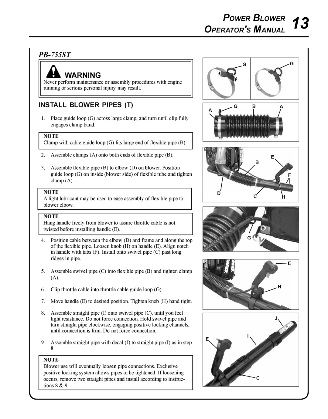 Echo PB-755S H, PB-755S T manual PB-755ST, Install blower pipes t 