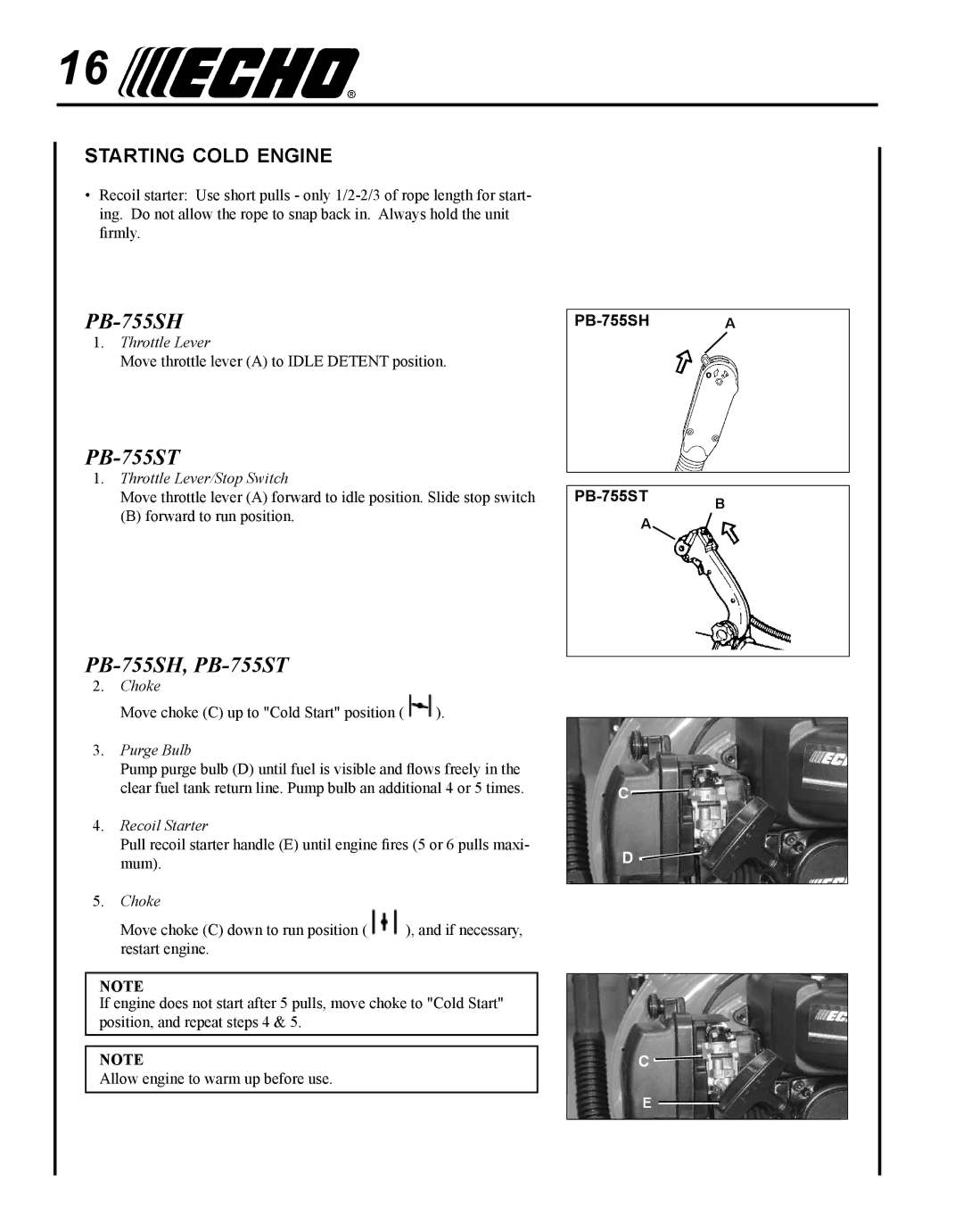 Echo PB-755S T, PB-755S H manual PB-755SH, PB-755ST, Starting cold engine 