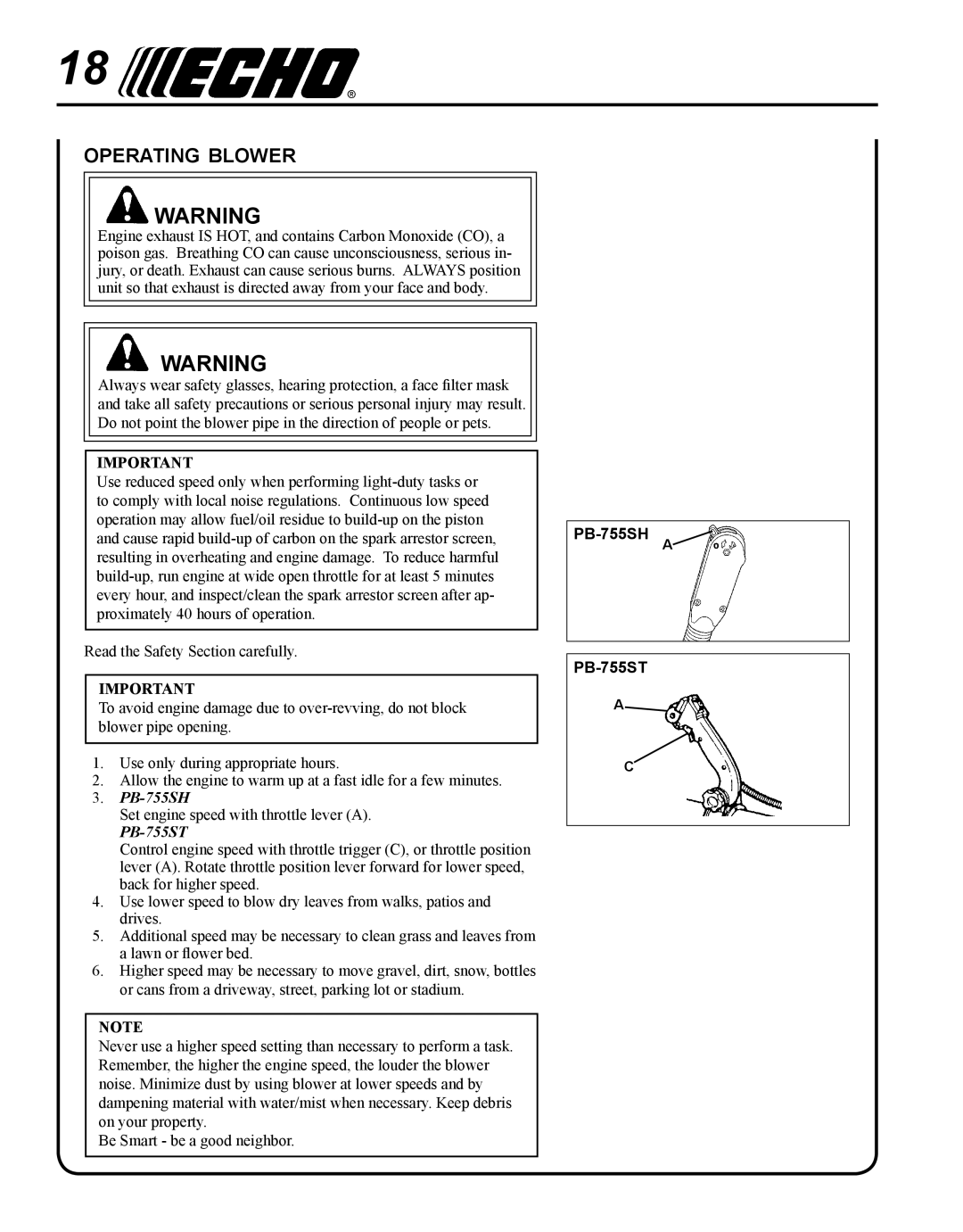 Echo PB-755S T, PB-755S H manual Operating blower, PB-755ST 
