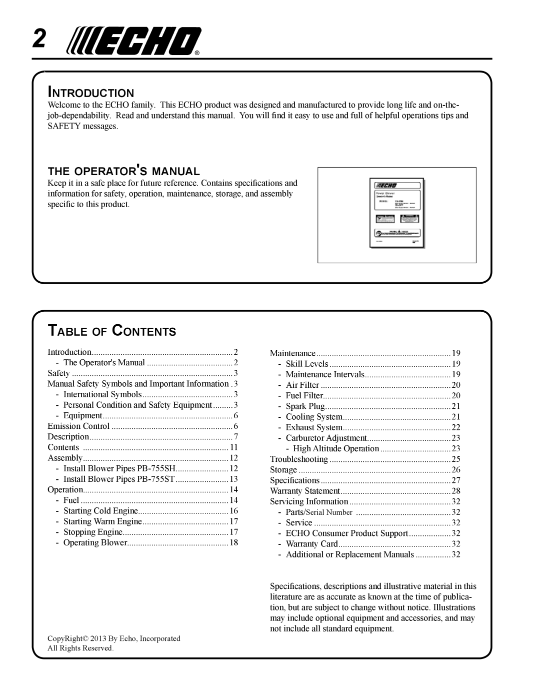 Echo PB-755S T, PB-755S H Introduction, Operators manual, Table of Contents 