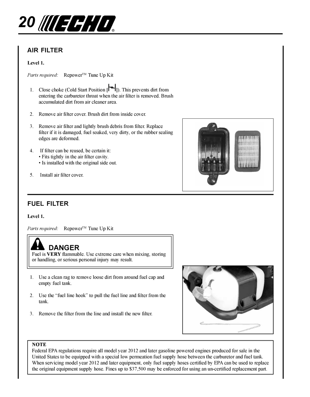 Echo PB-755S T, PB-755S H manual Air filter, Fuel filter 